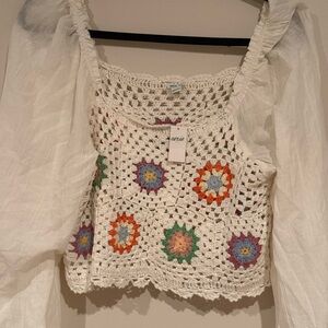 Aerie White Crochet Blouse with Colorful Floral Accents